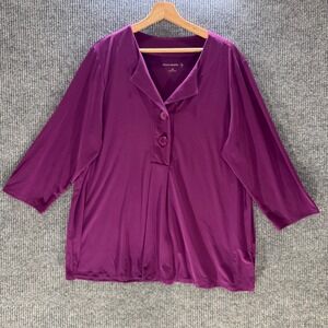 New‎ Susan Graver Liquid Knit 3/4 Sleeve Button Front Tunic Top Blouse Purple XL